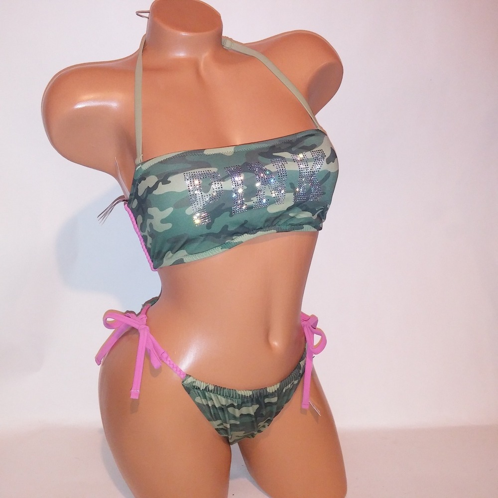 Victoria Secret PINK Swim Bikini Medium Top & Bottom Green Camo Bling Bandeau